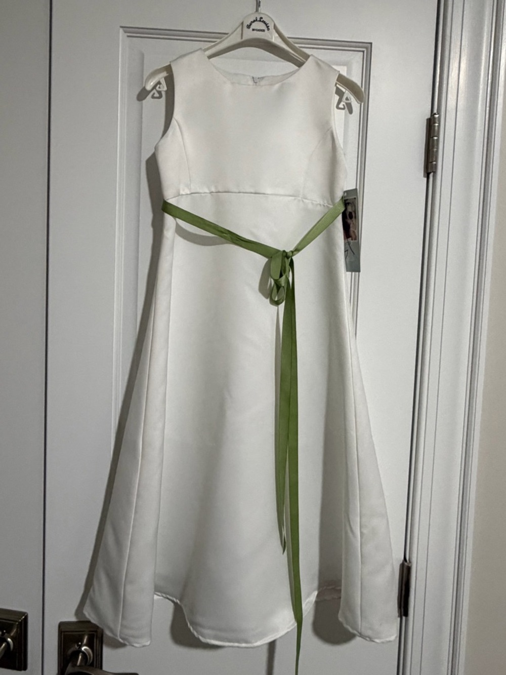 Flower Girl White Satin A-Line Dress with Green Sash Occasion Dress